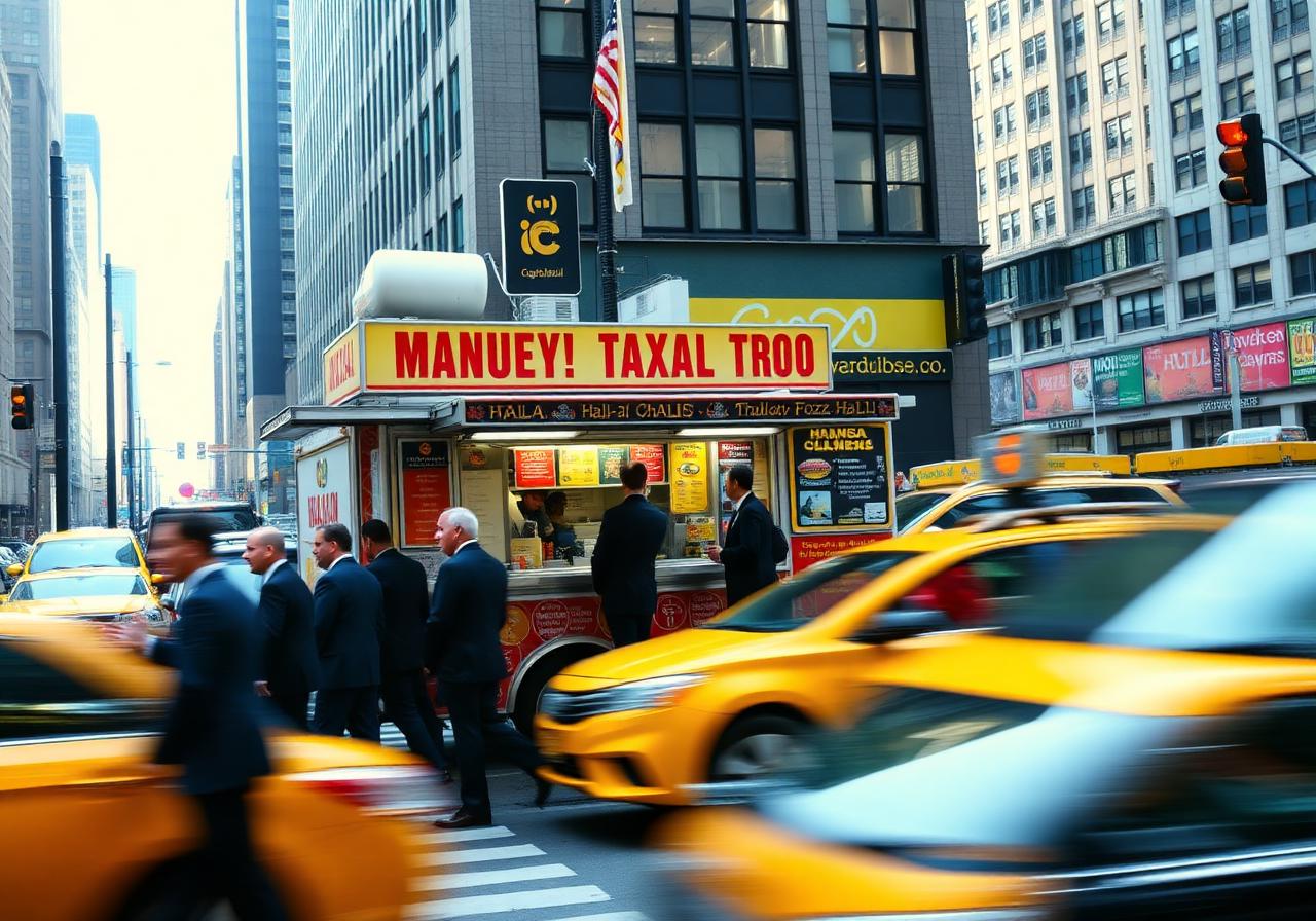 Halal food truck on a busy Manhattan-style street corner with office workers in line and yellow taxis blurring past