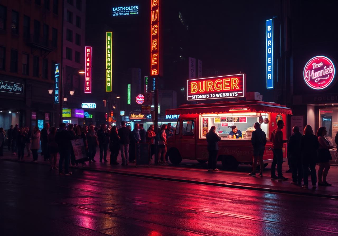 Late-night burger food truck on a neon-lit downtown city street with an urban crowd