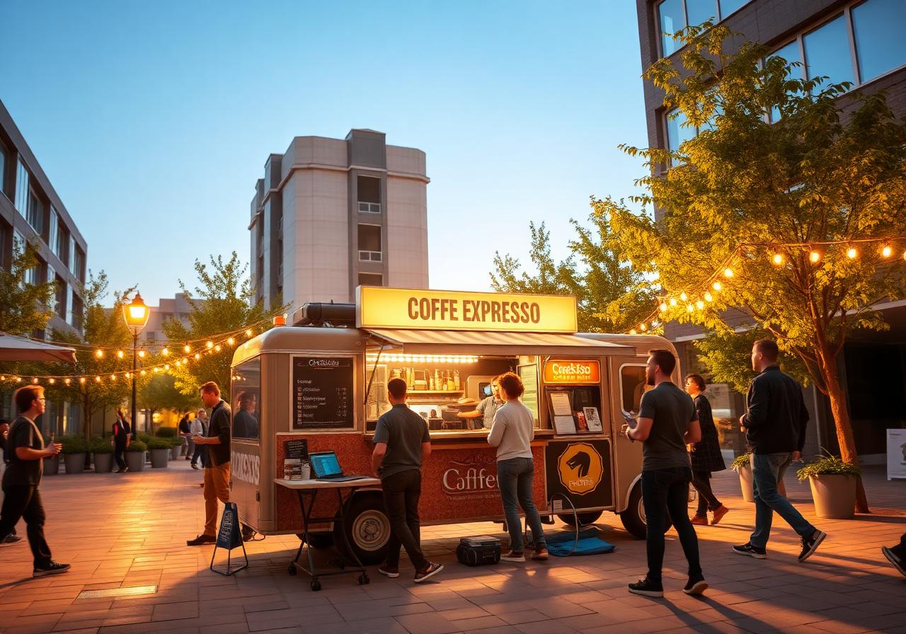 Coffee and espresso food truck at a tech park courtyard during morning rush