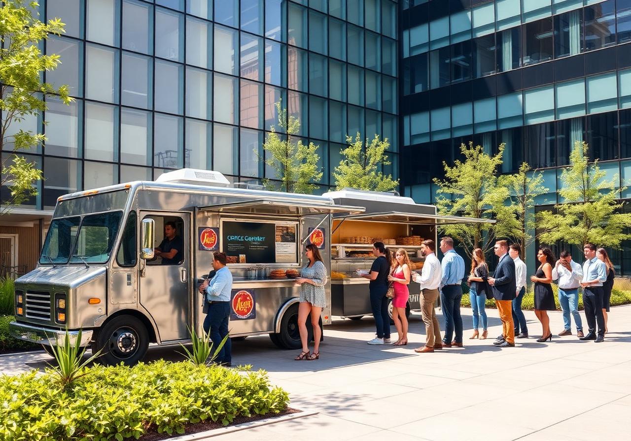 Gourmet food truck parked at a modern glass office campus with employees in business casual lined up for lunch