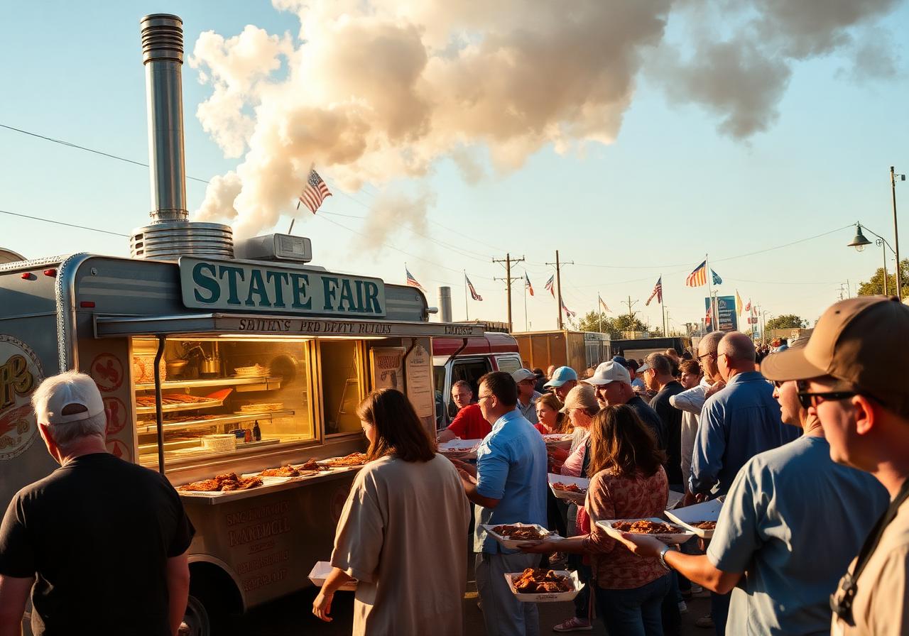 State fair barbecue food truck with smoke rising and a long line of patrons holding trays of ribs