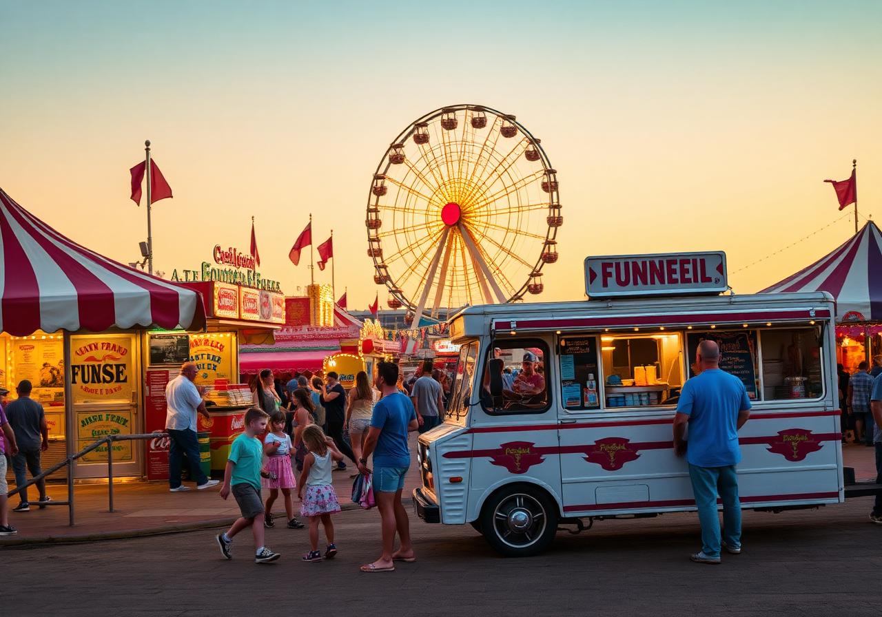 Funnel cake food truck at a county fair midway with ferris wheel at golden hour