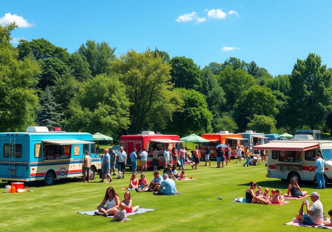 Daytime food truck rally in a green park with families on picnic blankets