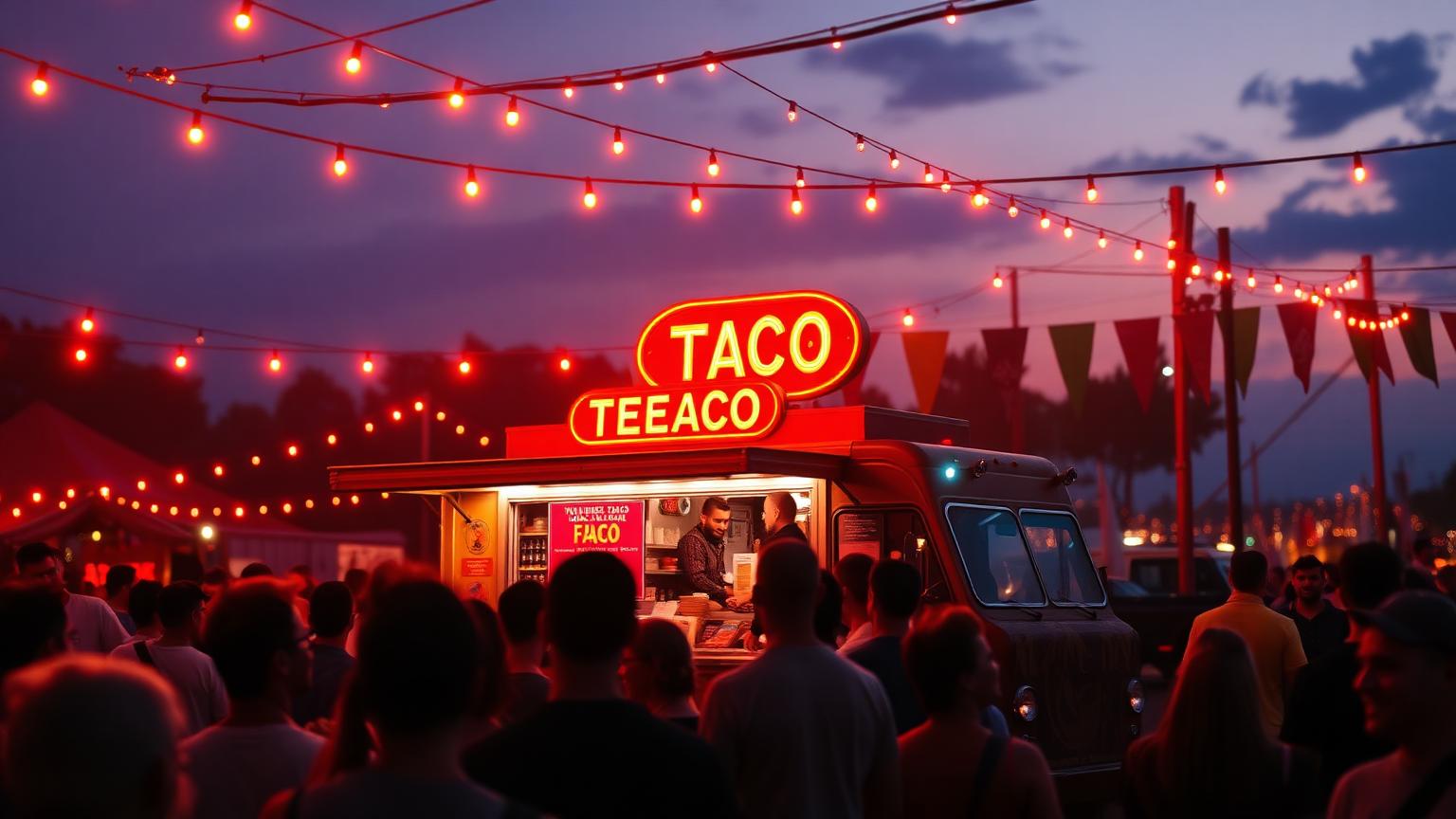 Taco food truck with neon sign serving a crowd at a music festival at dusk under string lights